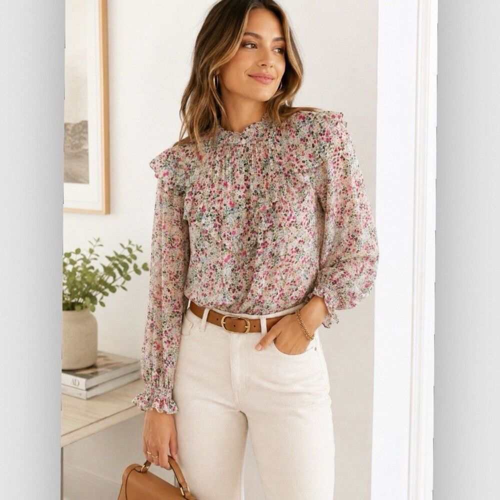 Boden V-Yoke Flounce Top US 14 Ivory Gardenia Petal Floral Ruffle Sheer Blouse